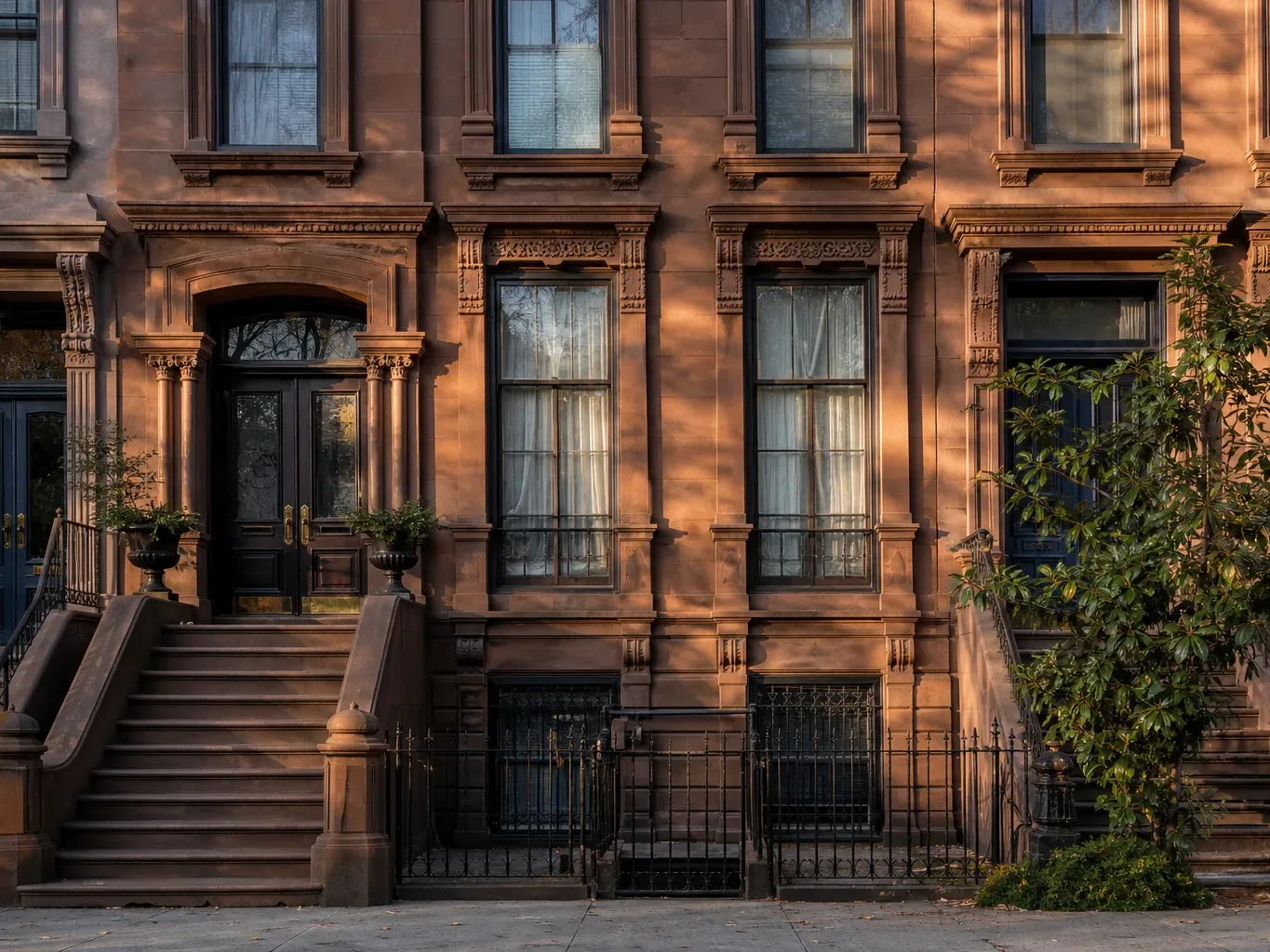 Brownstone rowhouse facade in late afternoon light