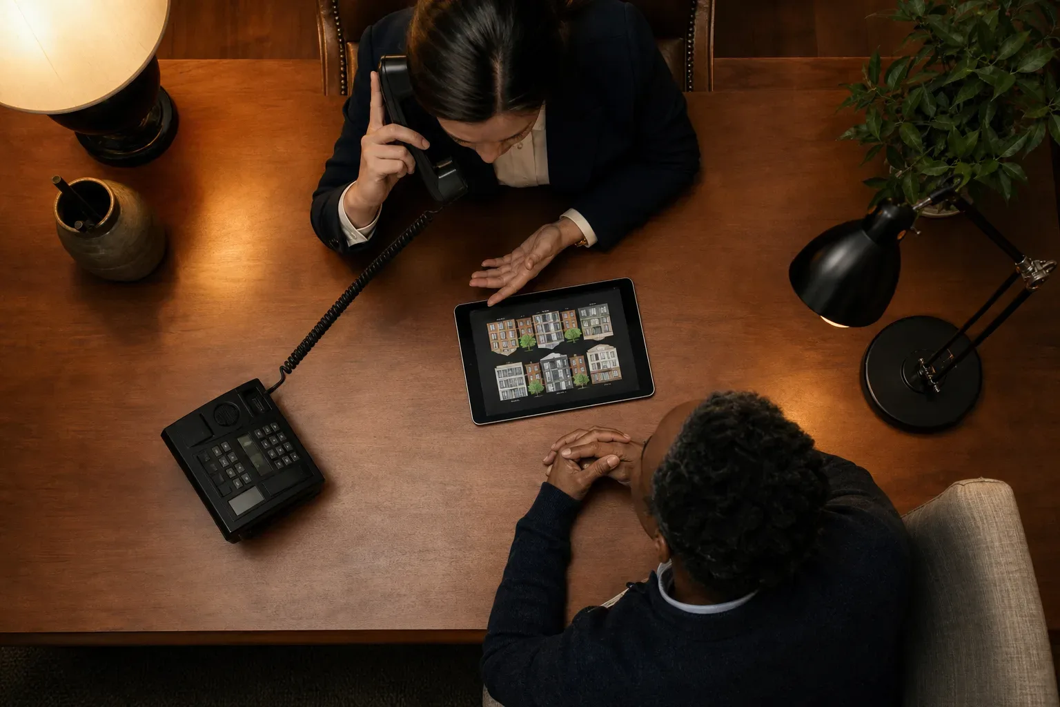 A desk phone with the handset lifted mid-call in warm lamp light