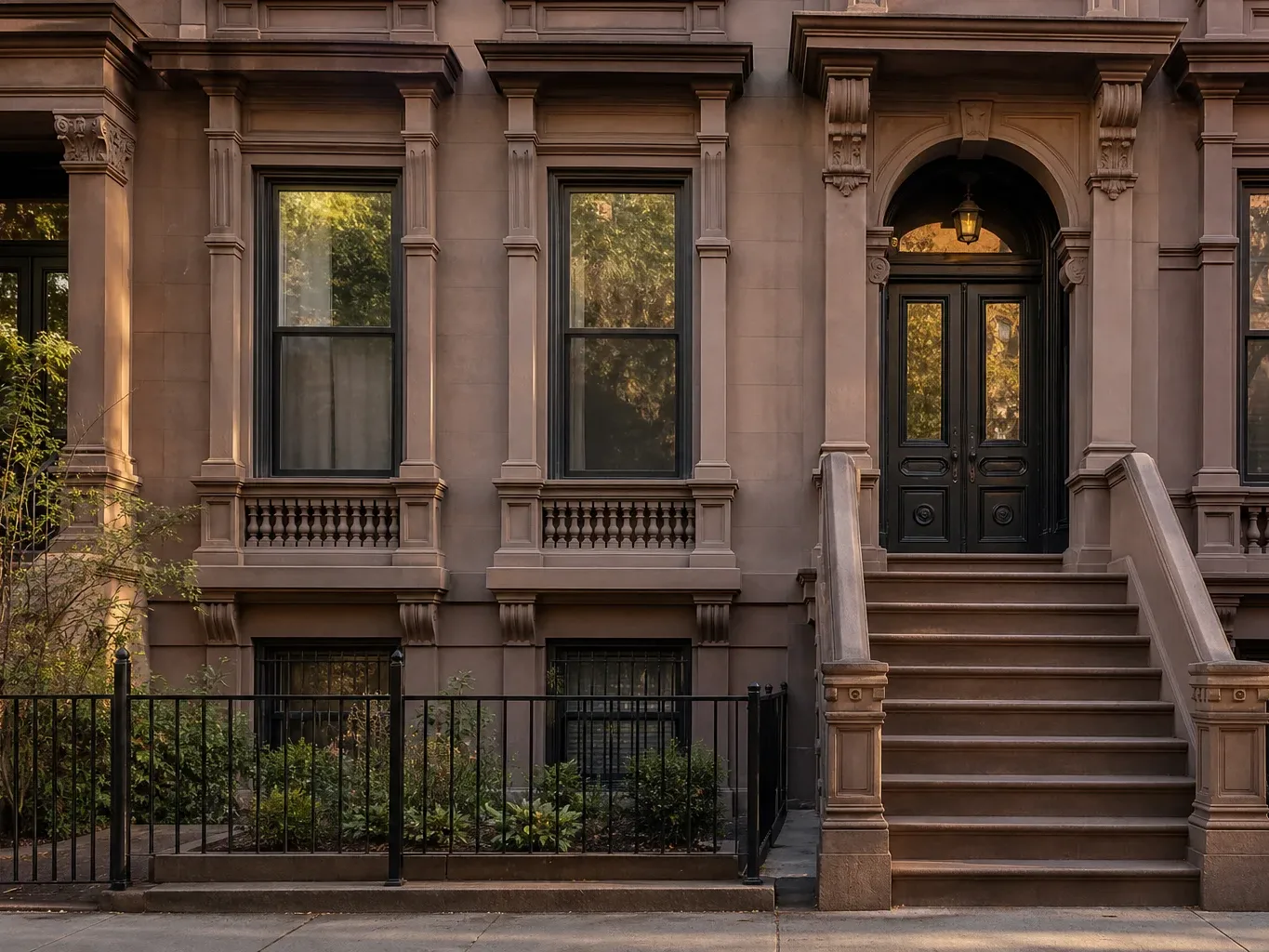 The stepped stone facade of a Brooklyn brownstone rowhouse in late afternoon light
