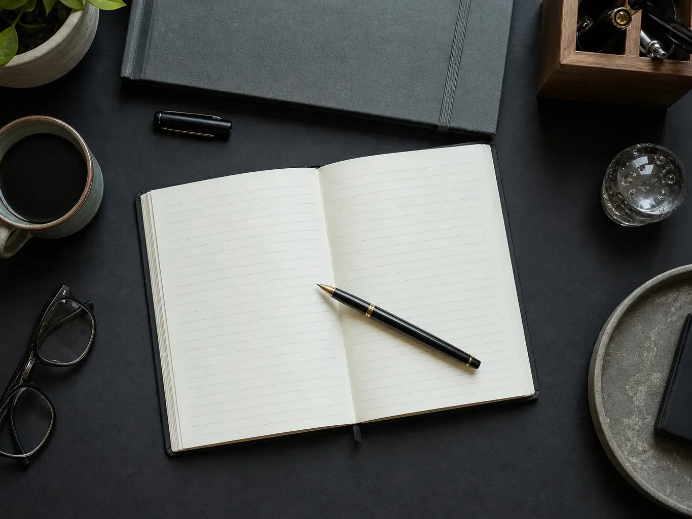 An open notebook with a pen resting across it seen from above in cool daylight