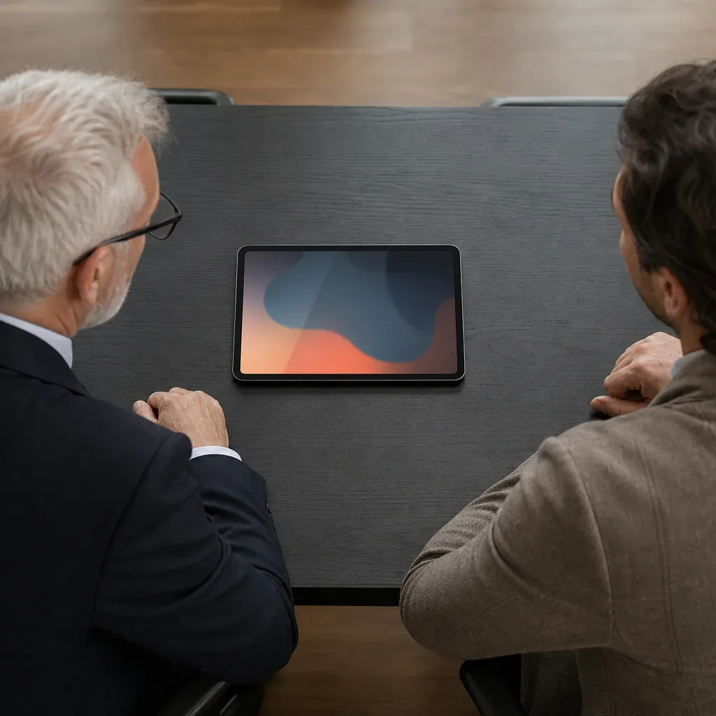 A tablet lying flat at the edge of a meeting table
