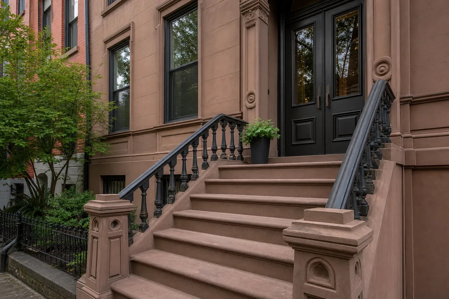 The wide stone entry steps of a classic Brooklyn rowhouse seen from street level