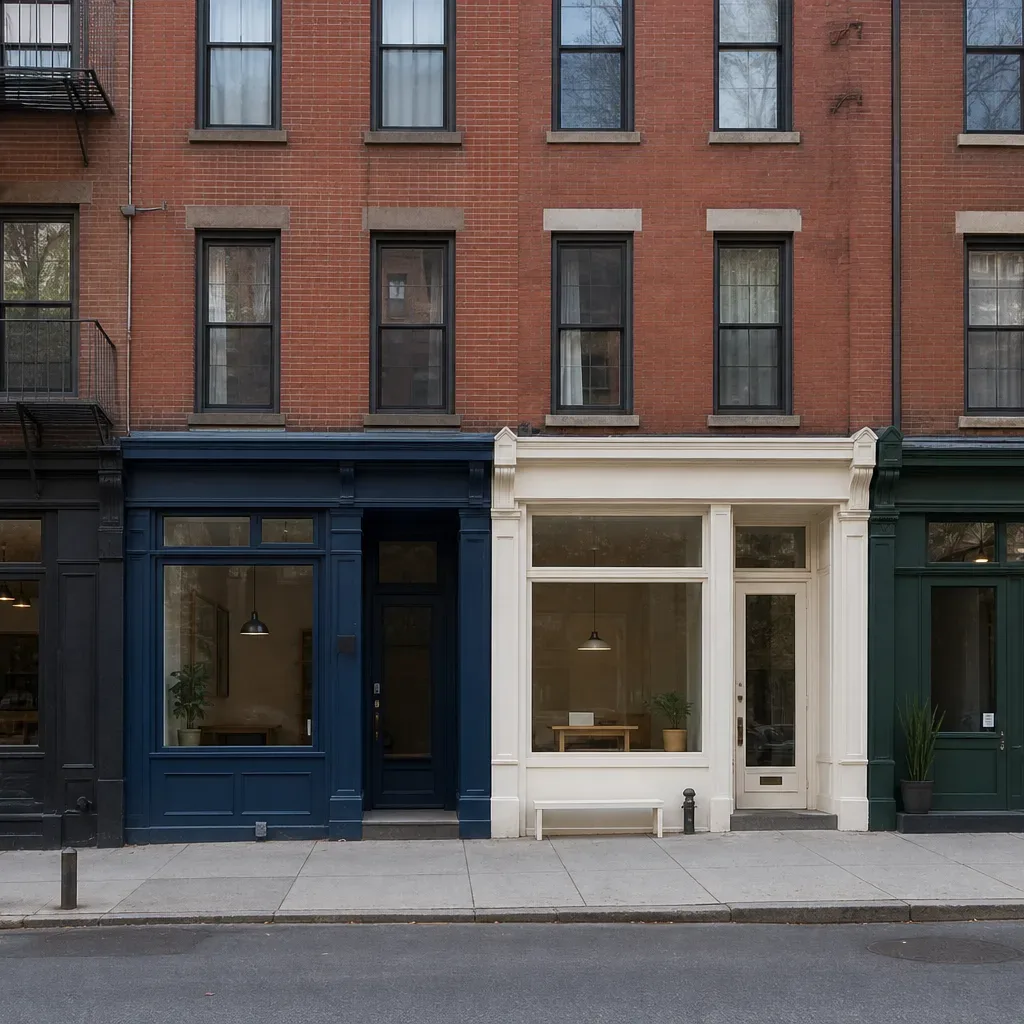 A row of small commercial storefronts at street level beneath a brick residential upper floor