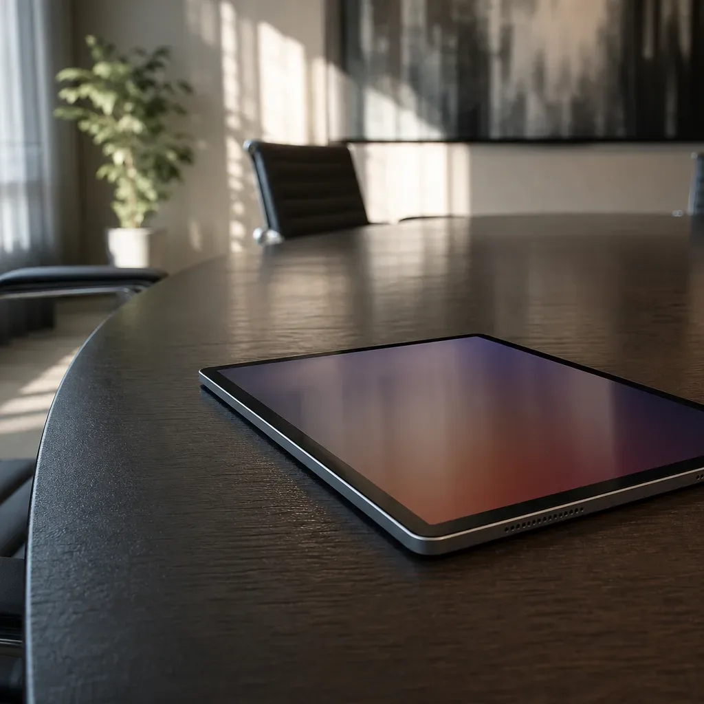 A tablet lying flat at the edge of a meeting table