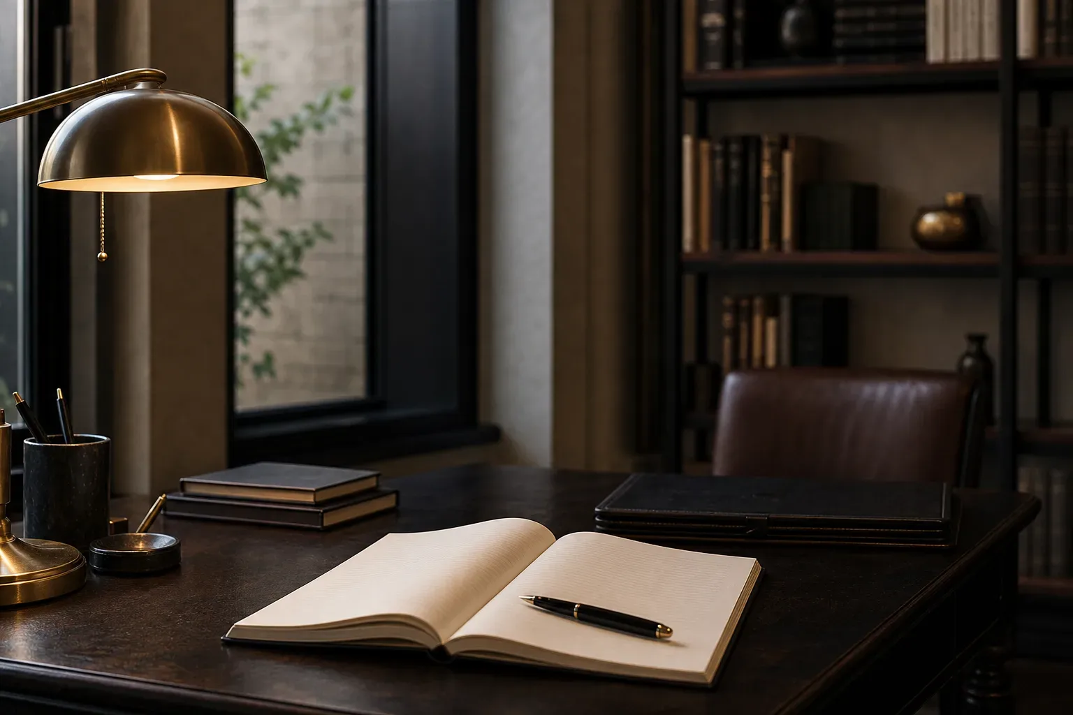 An open notebook with a pen resting across it