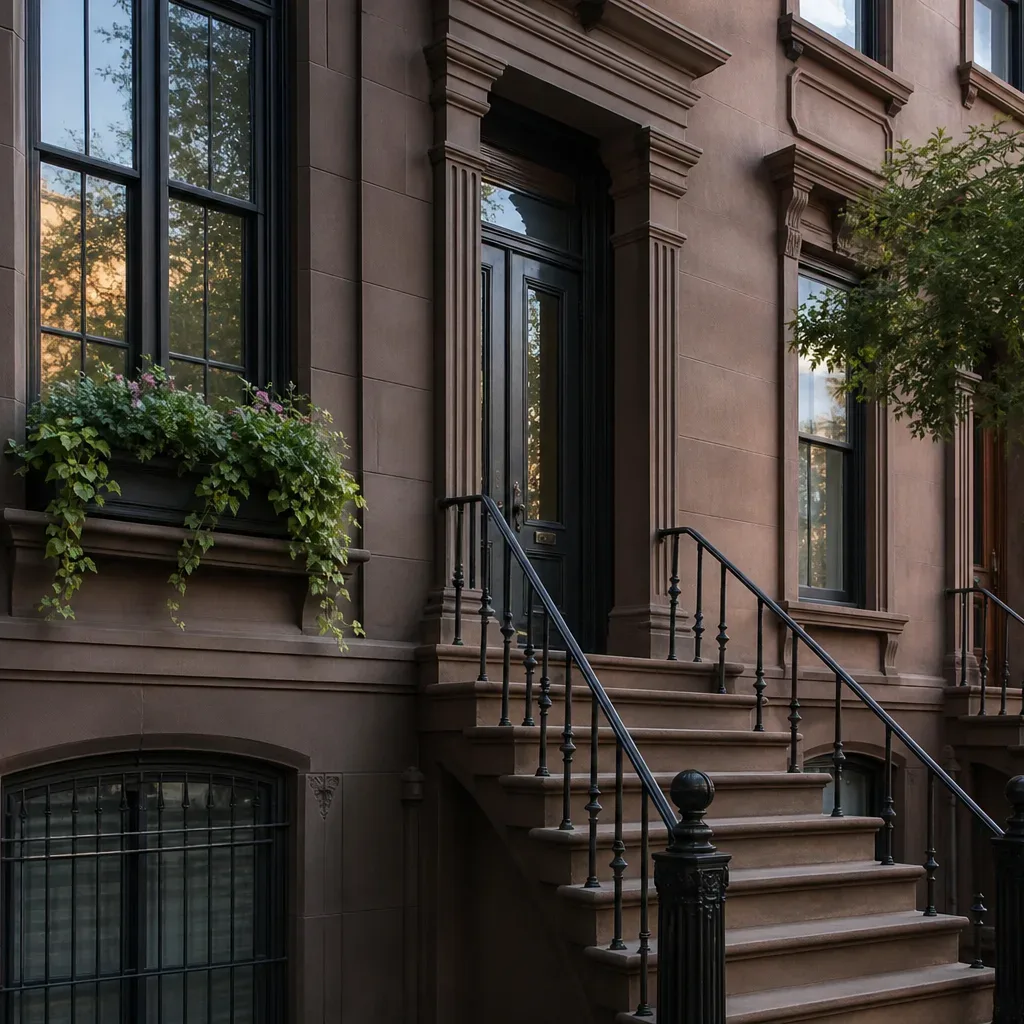 The stepped stone facade of a Brooklyn brownstone rowhouse in late afternoon light