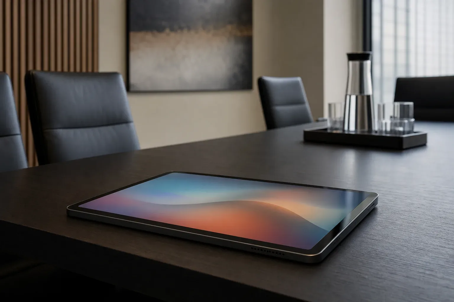 A tablet lying flat at the edge of a meeting table (section 6)