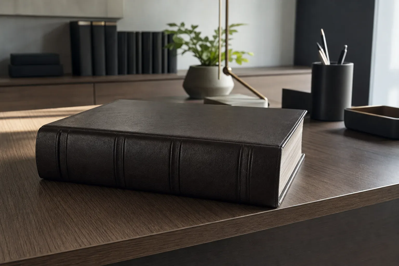 A thick ledger closed on the corner of a desk