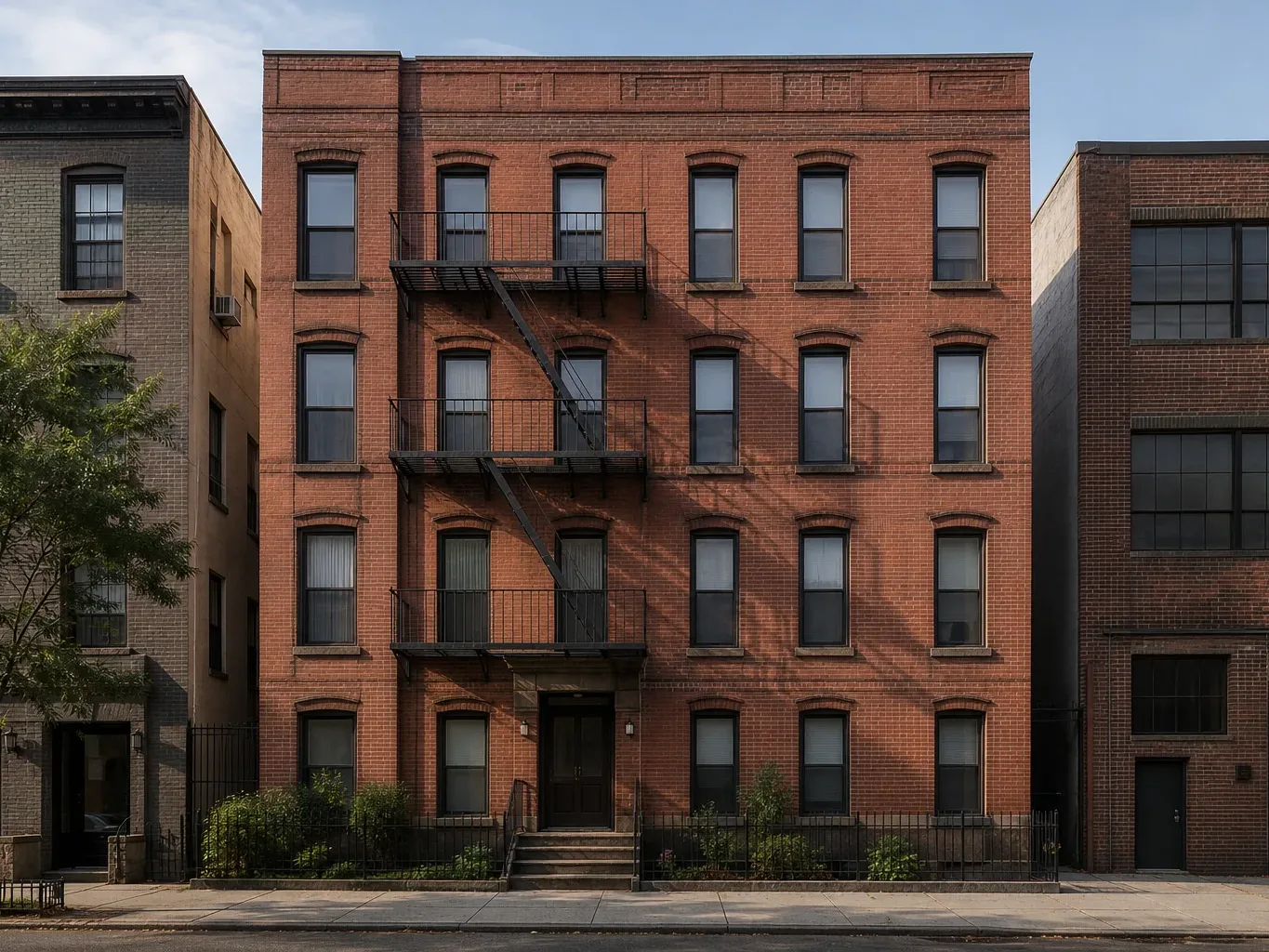 A four-storey brick walk-up multi-family building exterior