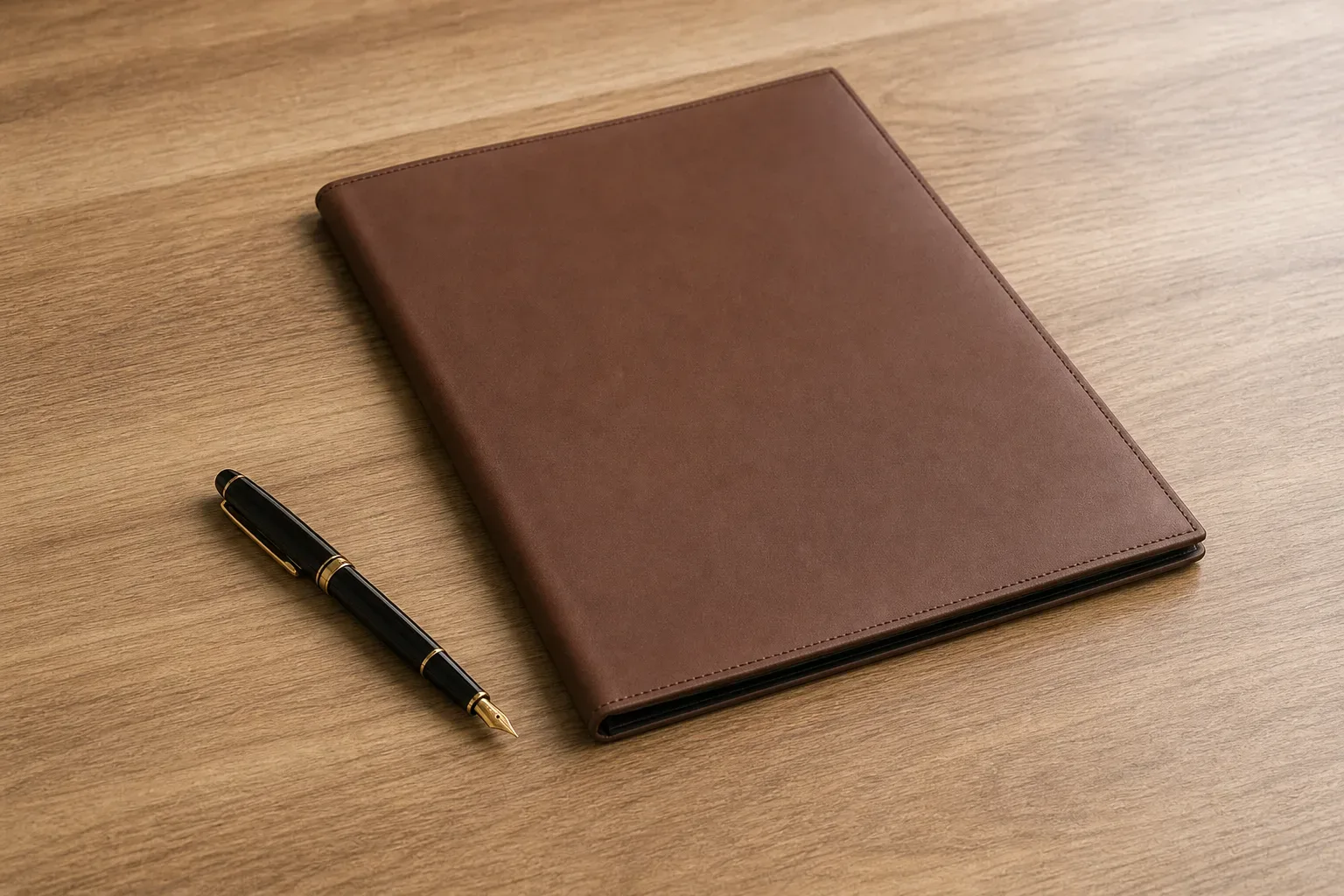 A single fountain pen laid beside a closed folder on a clean desk surface