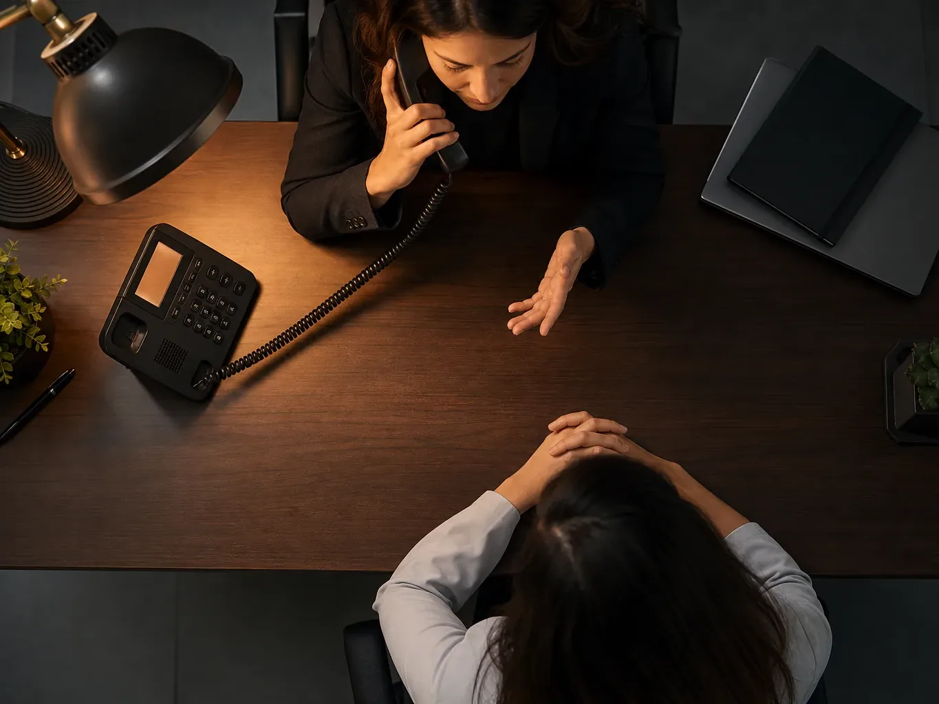 A desk phone with the handset lifted mid-call in warm lamp light