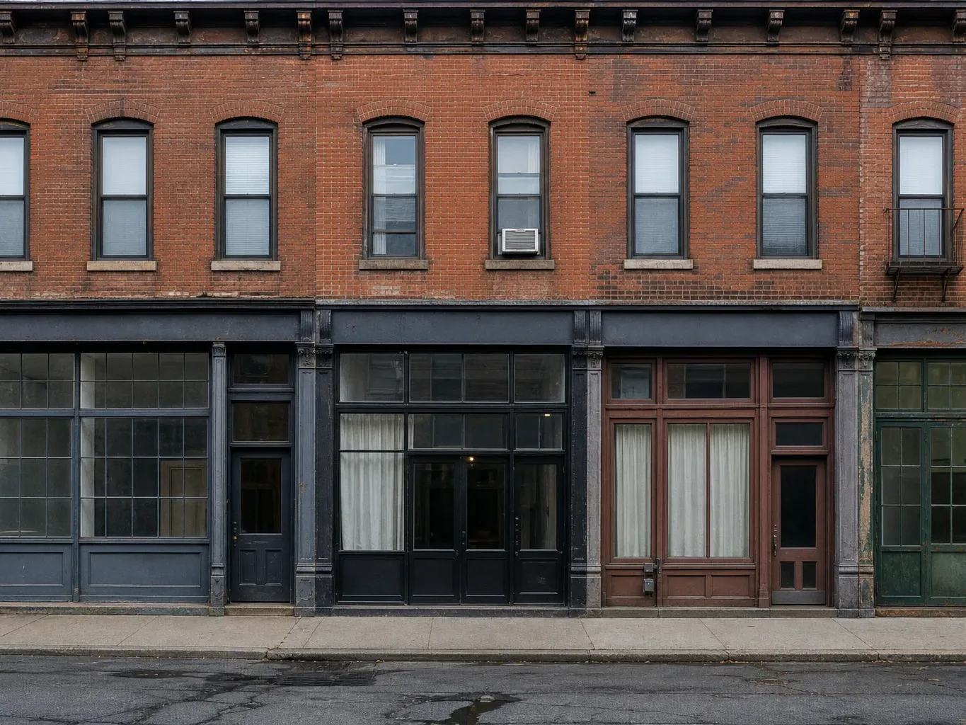 A row of small commercial storefronts at street level beneath a brick residential upper floor