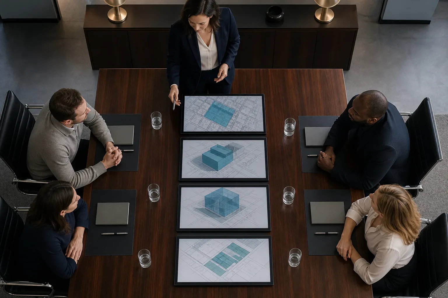 A polished conference table seen from above in cool daylight