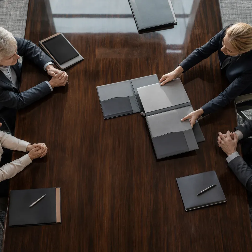 A polished conference table seen from above in cool daylight