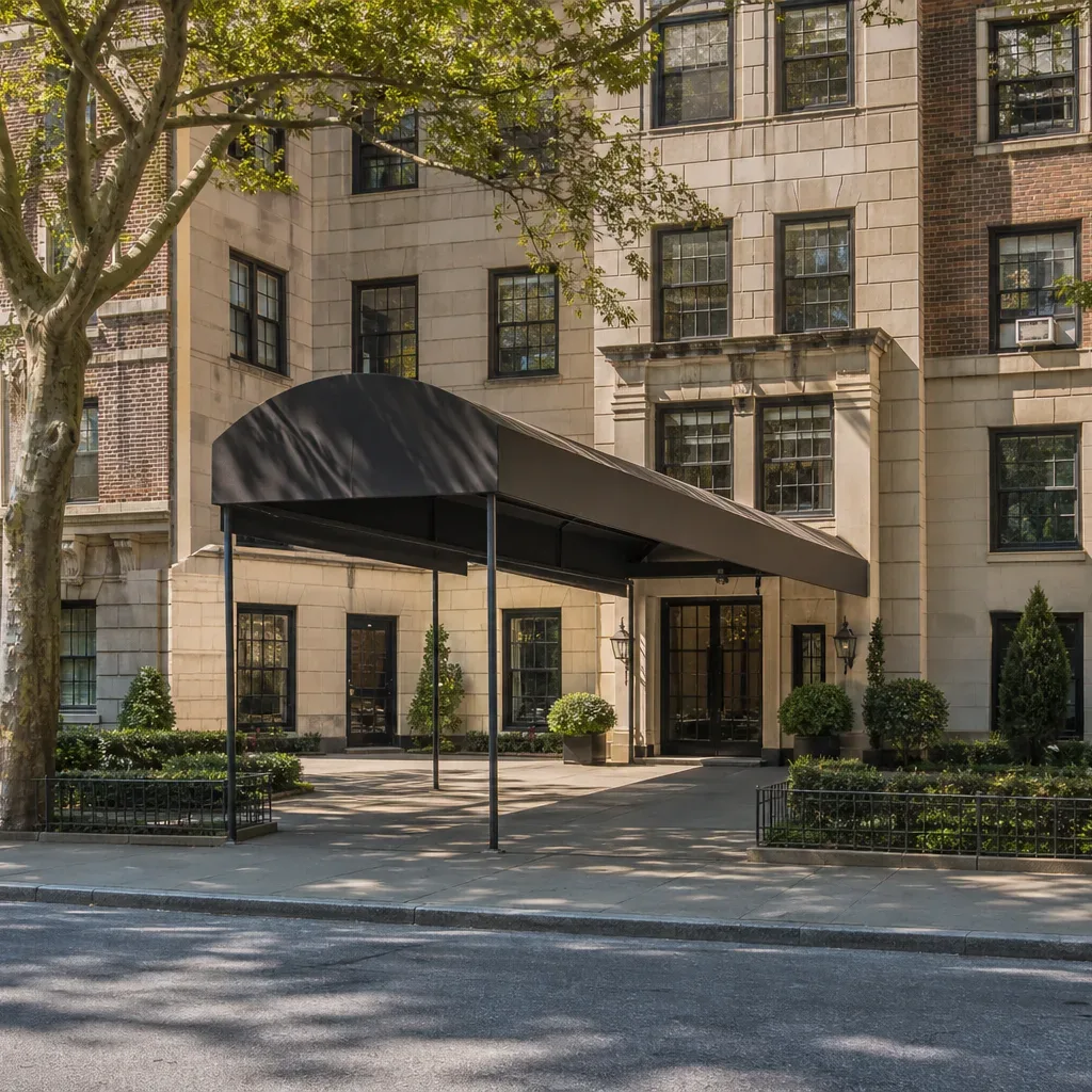 The canopied entrance of a mid-rise co-op building on a tree-lined residential block