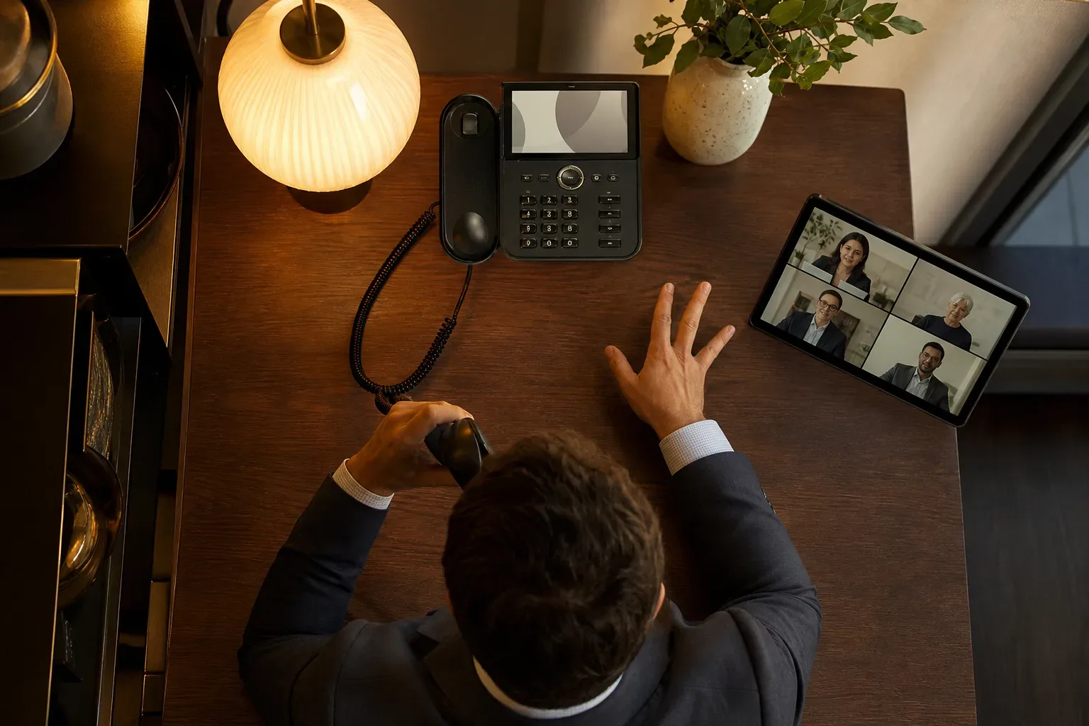 A desk phone with the handset lifted mid-call in warm lamp light