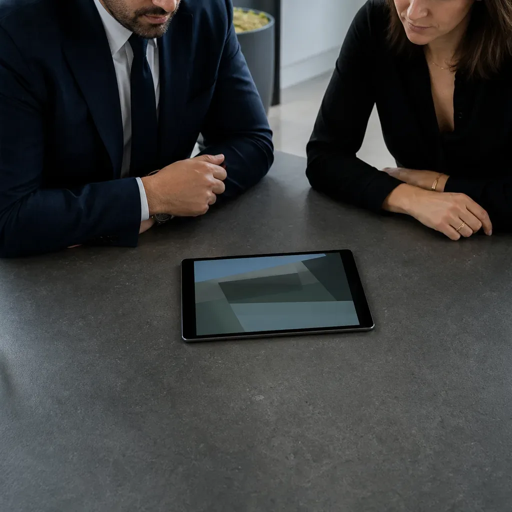 A tablet lying flat at the edge of a meeting table