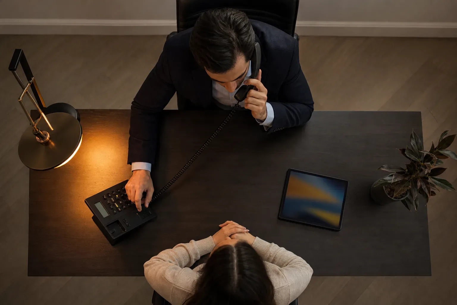 A desk phone with the handset lifted mid-call in warm lamp light