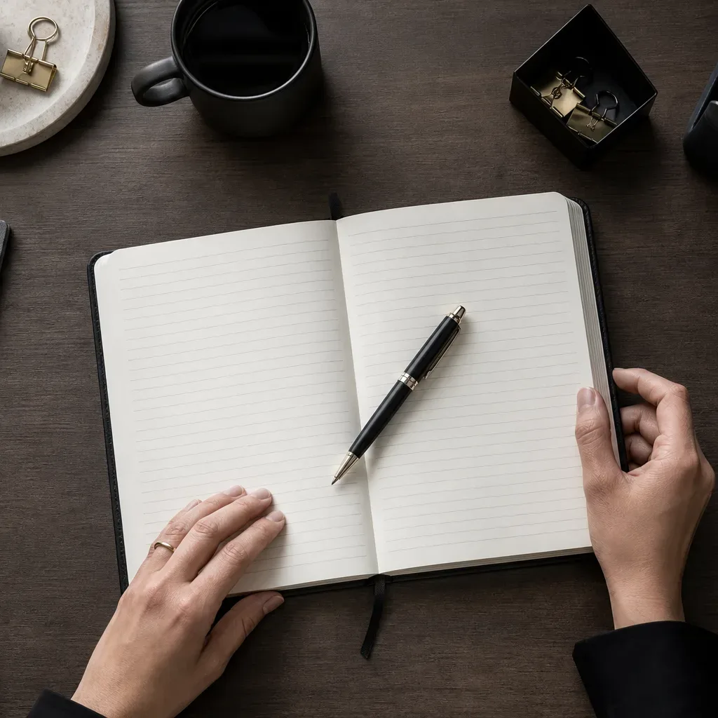 An open notebook with a pen resting across it seen from above in cool daylight