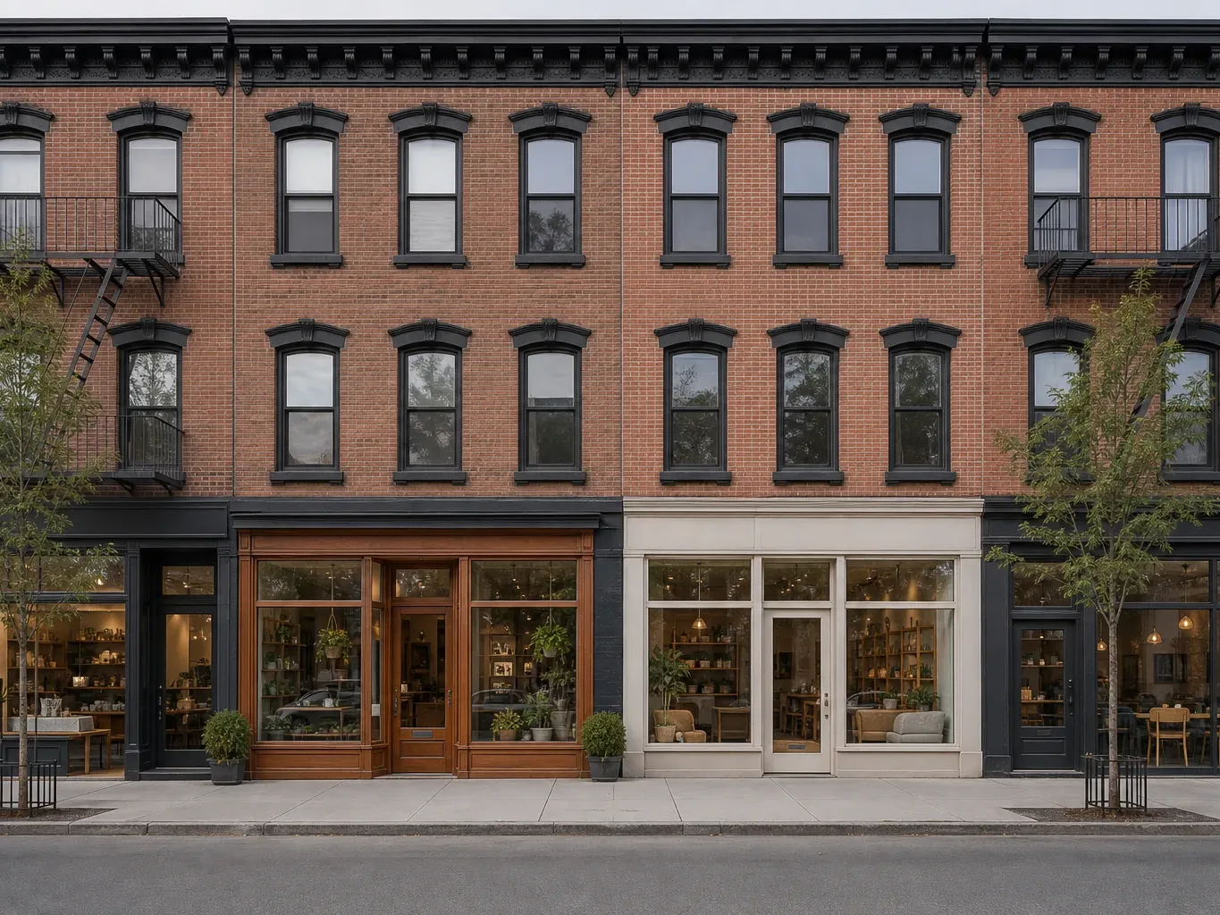 A row of small commercial storefronts at street level beneath a brick residential upper floor