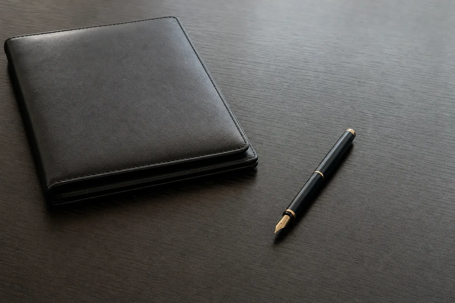 A single fountain pen laid beside a closed folder on a clean desk surface