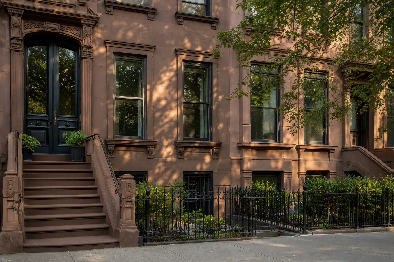 The stepped stone facade of a Brooklyn brownstone rowhouse in late afternoon light