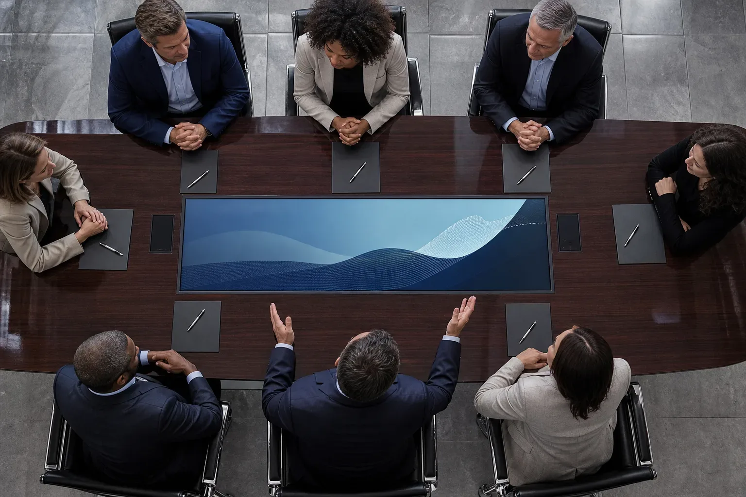 A polished conference table seen from above in cool daylight