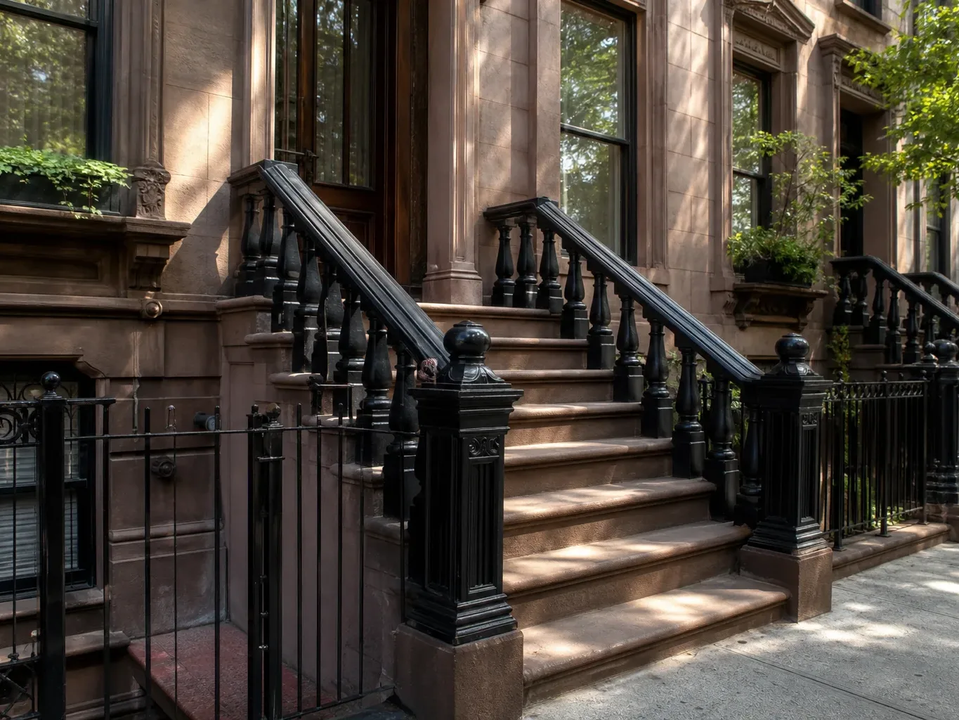 Stone entry steps of a classic Brooklyn rowhouse seen from street level
