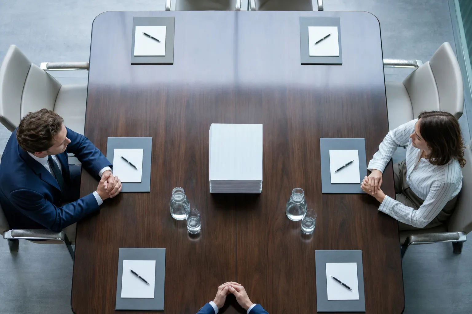 A polished conference table seen from above in cool daylight