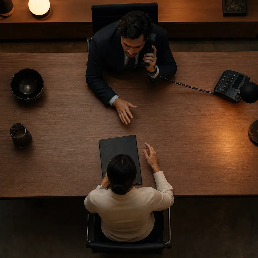 A desk phone with the handset lifted mid-call in warm lamp light