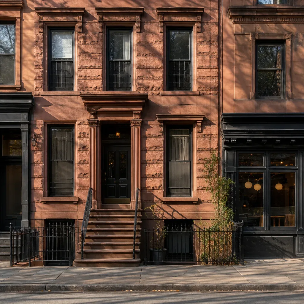 The stepped stone facade of a Brooklyn brownstone rowhouse in late afternoon light