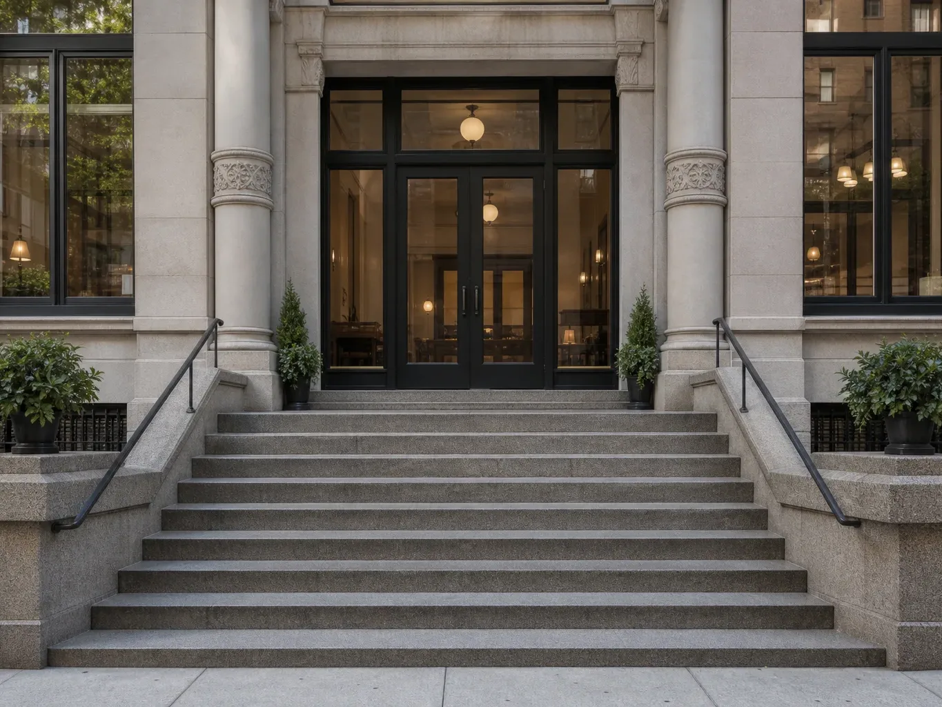 The broad stone stoop of a commercial Brooklyn building