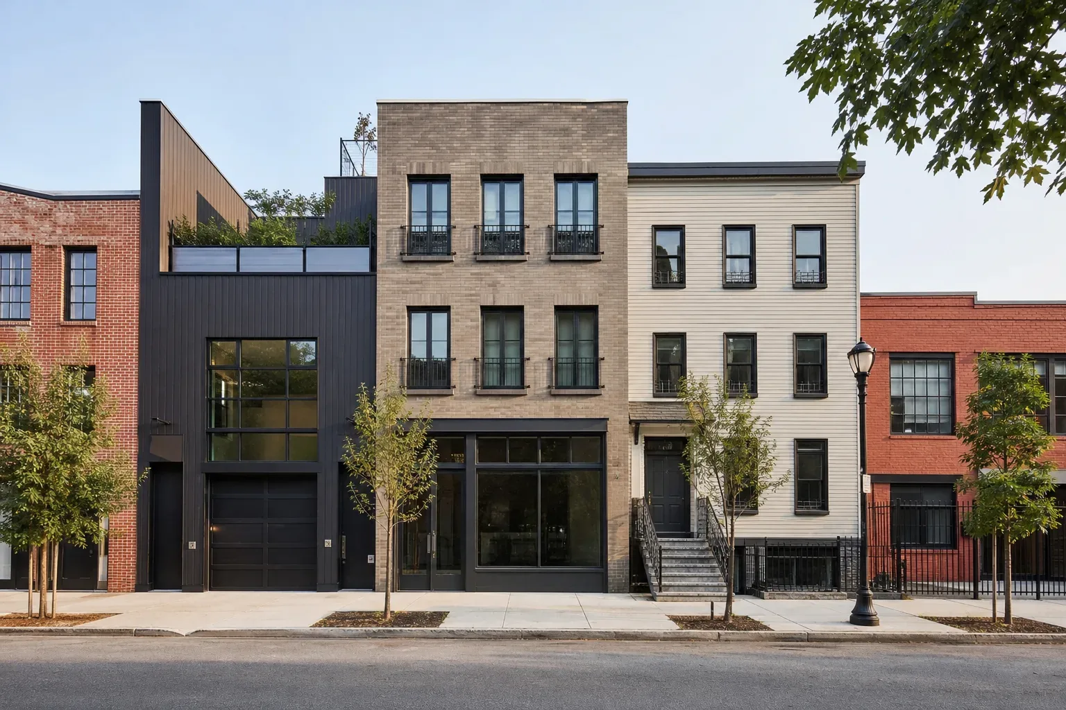 Mixed-use commercial and residential block on a quiet Brooklyn-style street