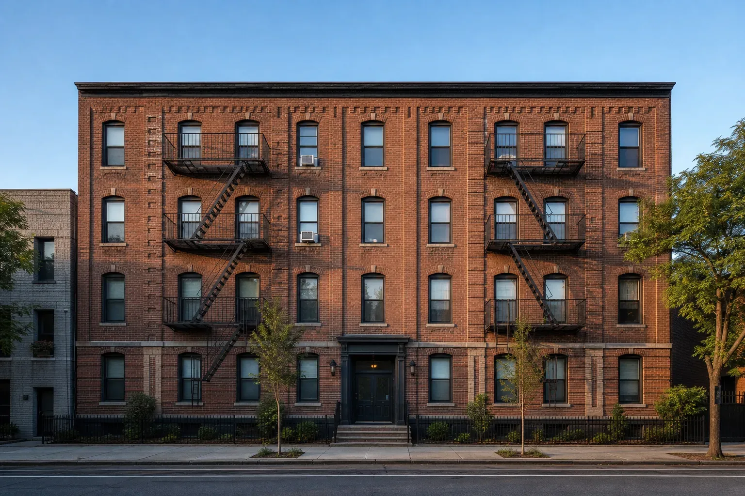 Multi-family building of four brick storeys in morning light