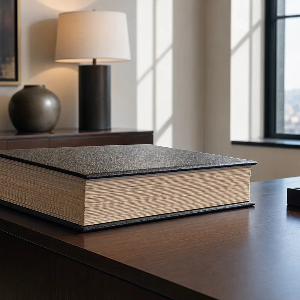 A thick ledger closed on the corner of a desk