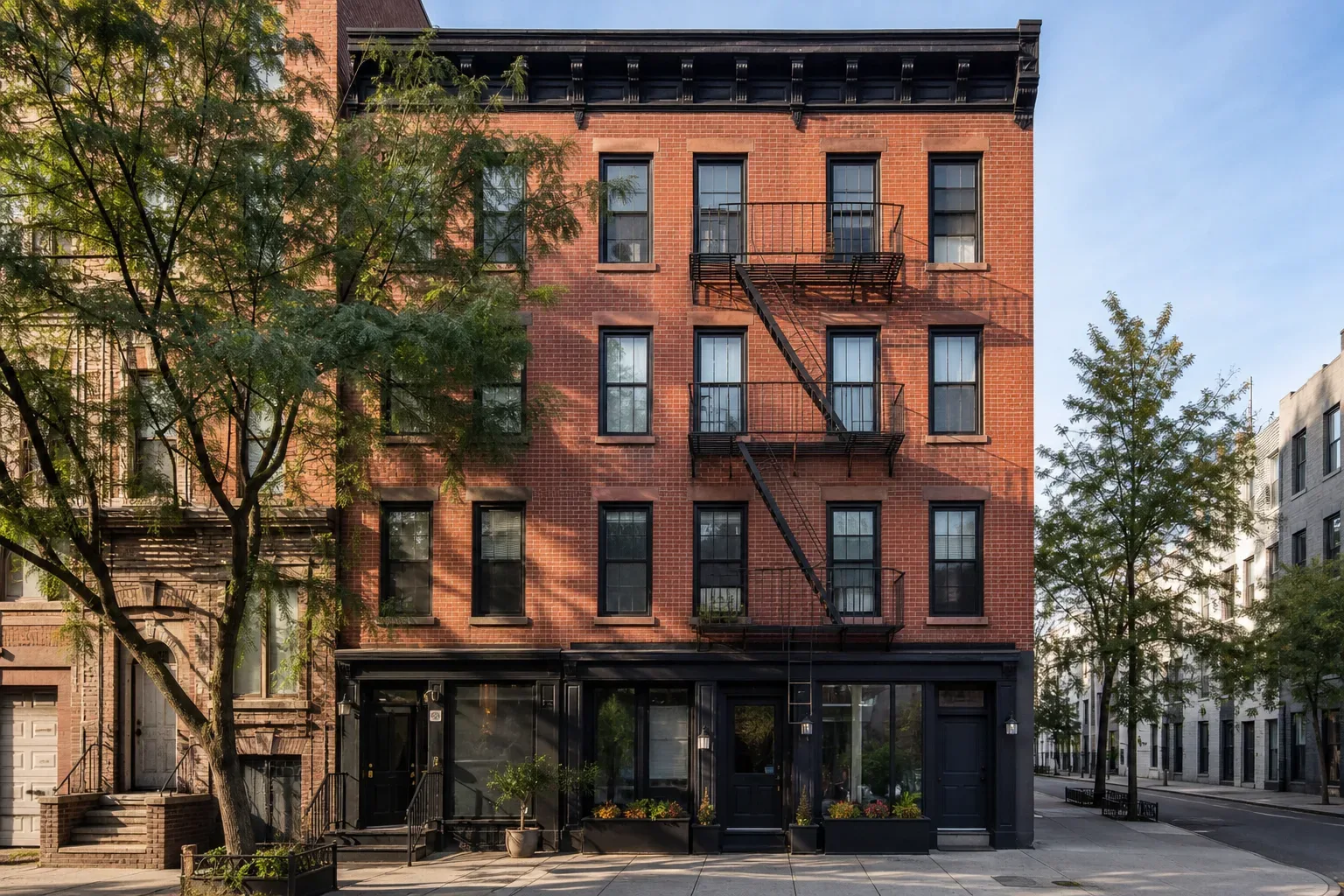 A four-storey brick walk-up multi-family building exterior in morning light