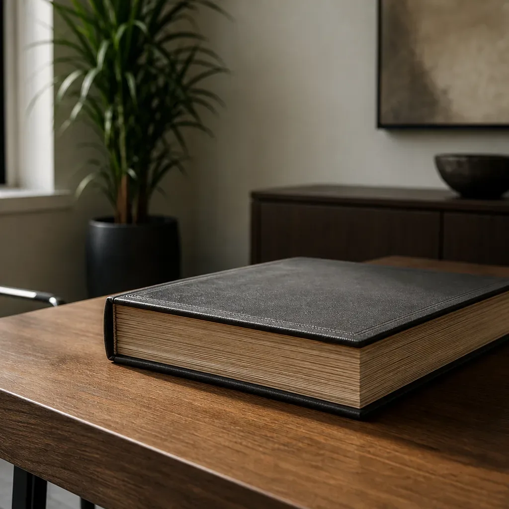 A thick ledger closed on the corner of a desk