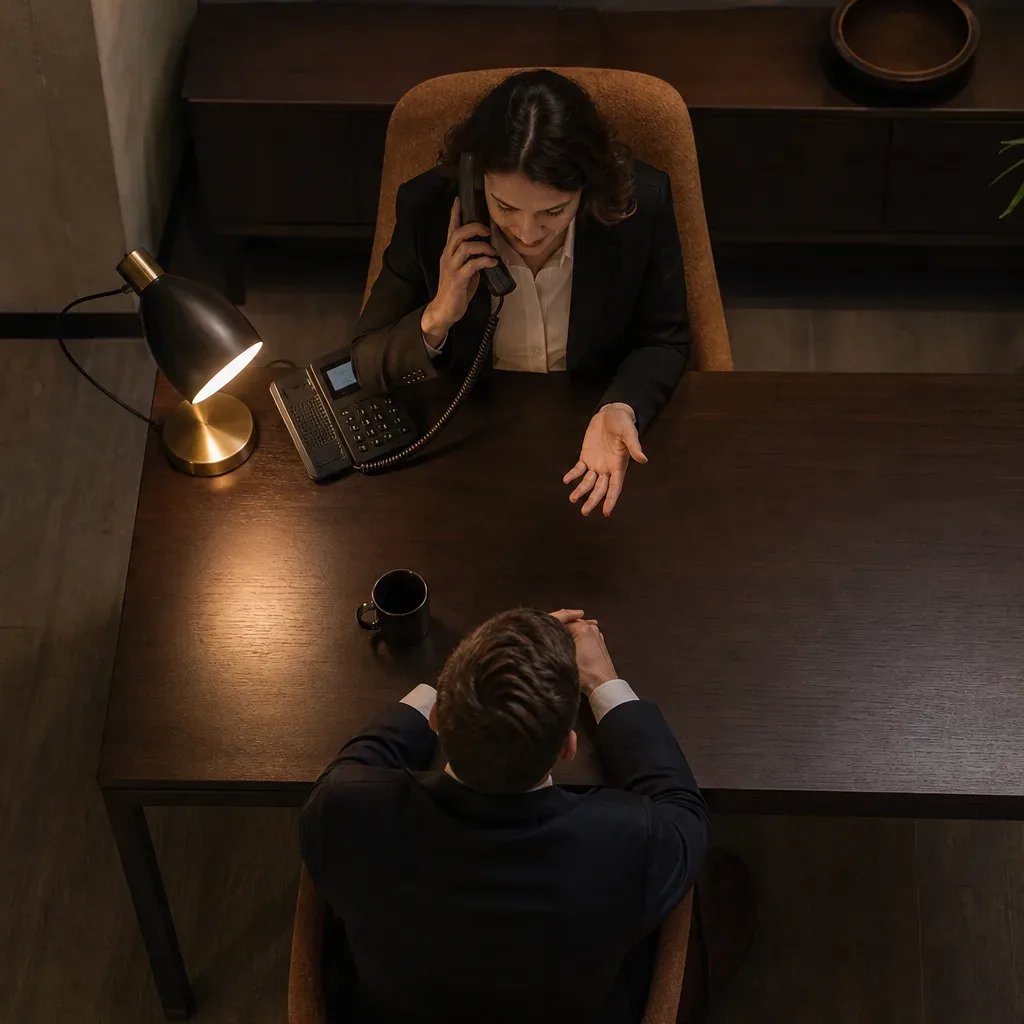 A desk phone with the handset lifted mid-call in warm lamp light