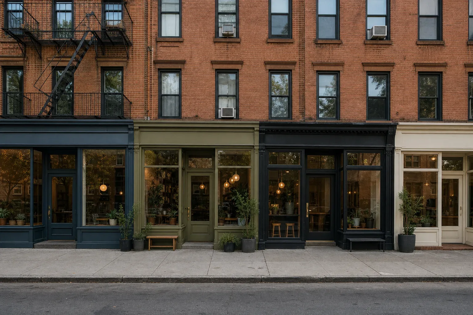 A row of small commercial storefronts at street level beneath a brick residential upper floor