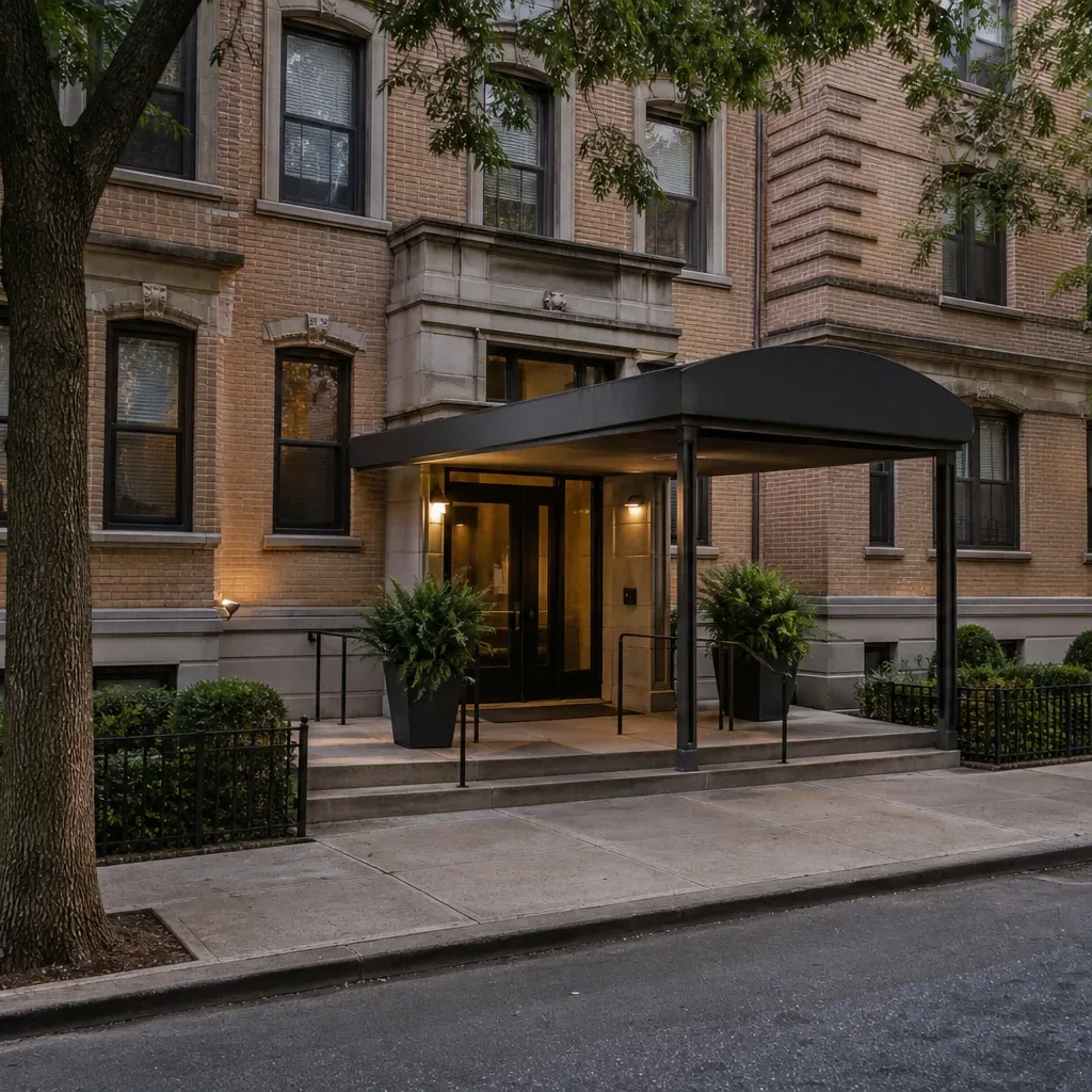 The canopied entrance of a mid-rise residential building on a tree-lined block