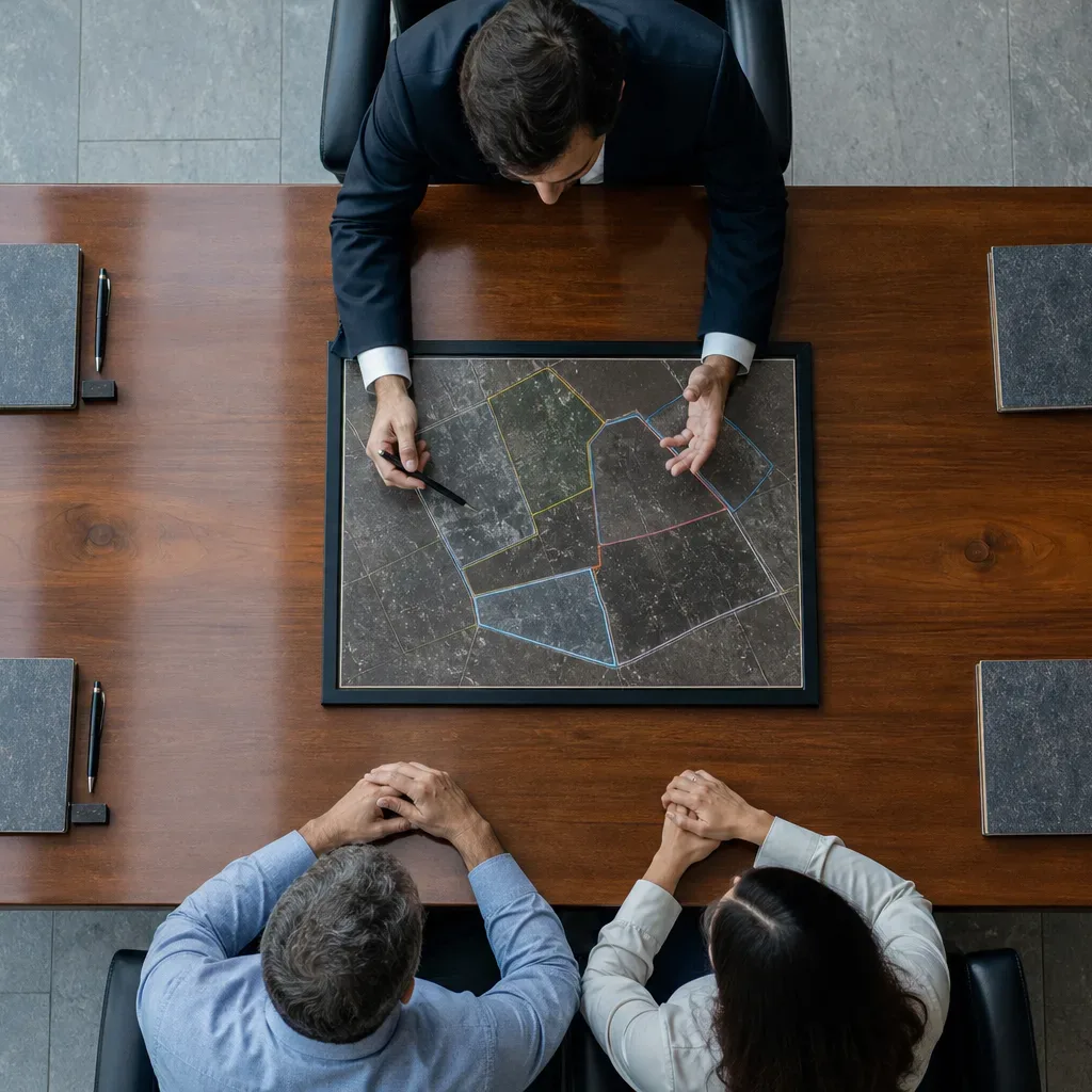 A polished conference table seen from above in cool daylight