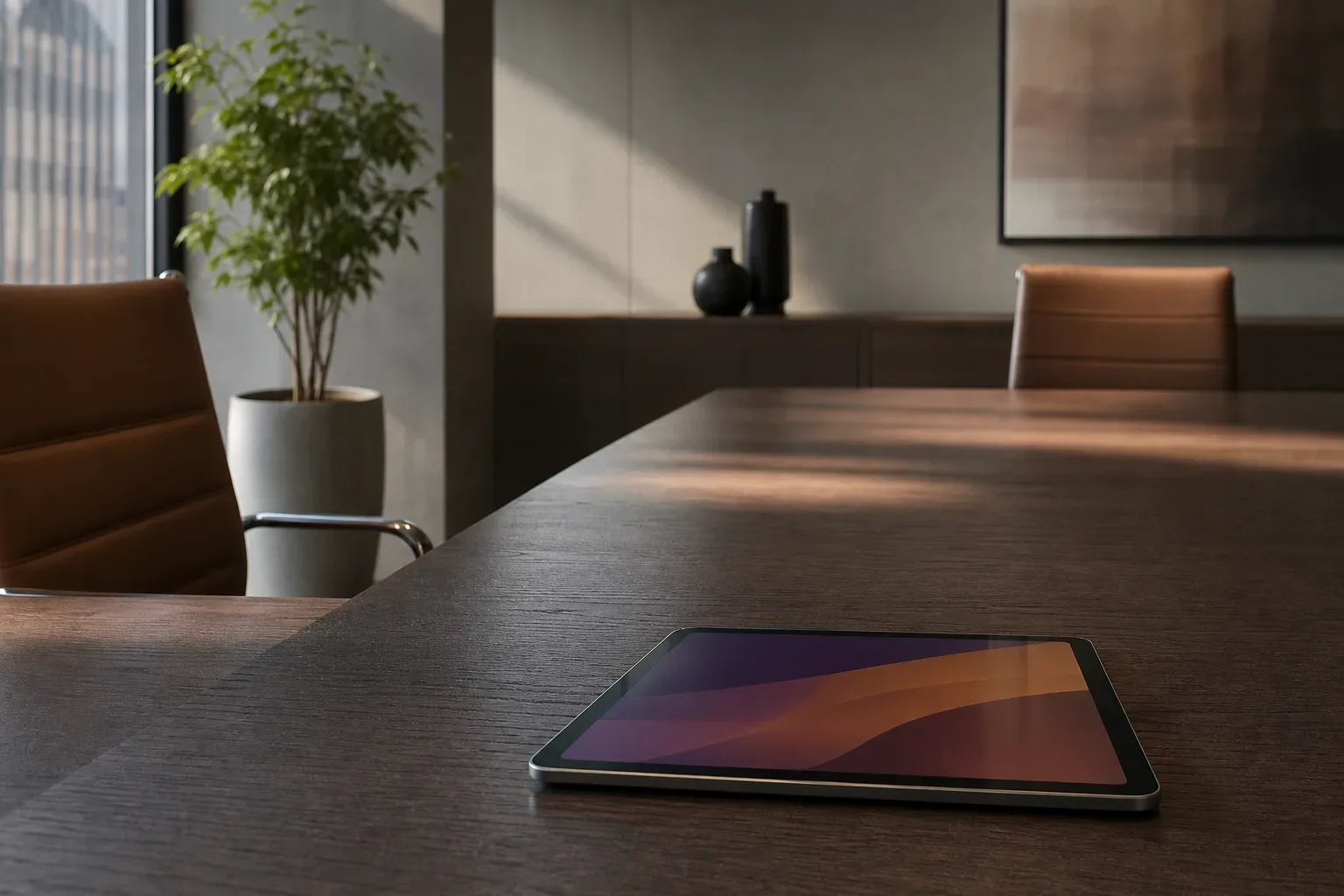 A tablet lying flat at the edge of a meeting table