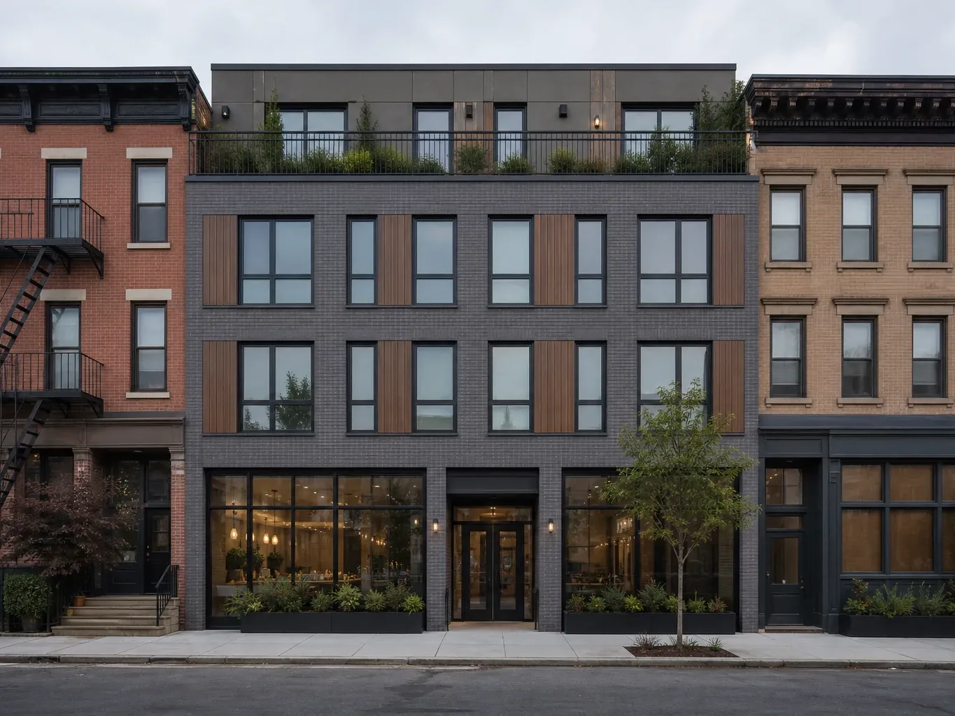 A low-rise mixed-use commercial and residential block on a quiet Brooklyn-style street