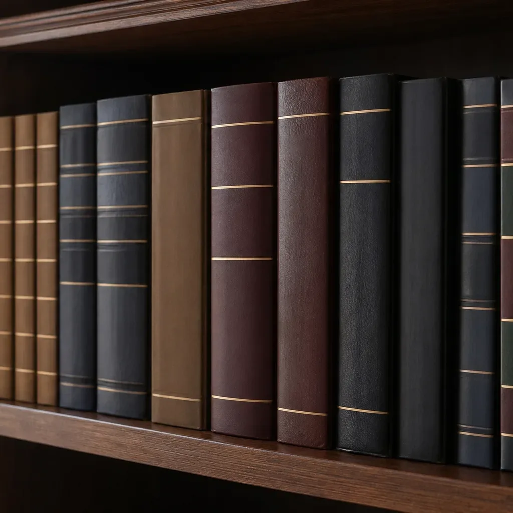 A row of law reports and reference volumes standing on a shelf