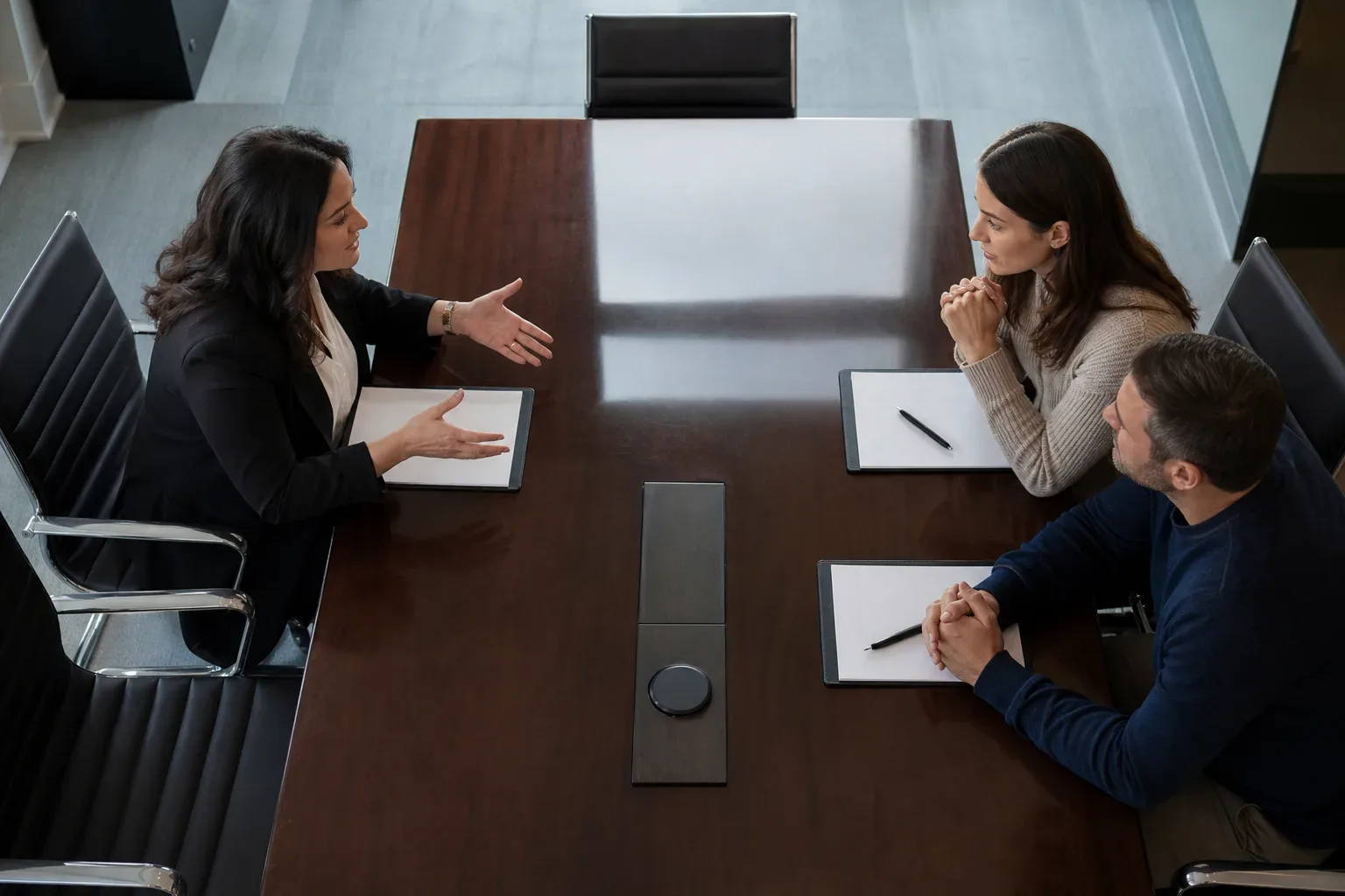 A polished conference table seen from above in cool daylight