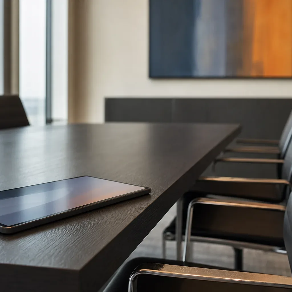 A tablet lying flat at the edge of a meeting table