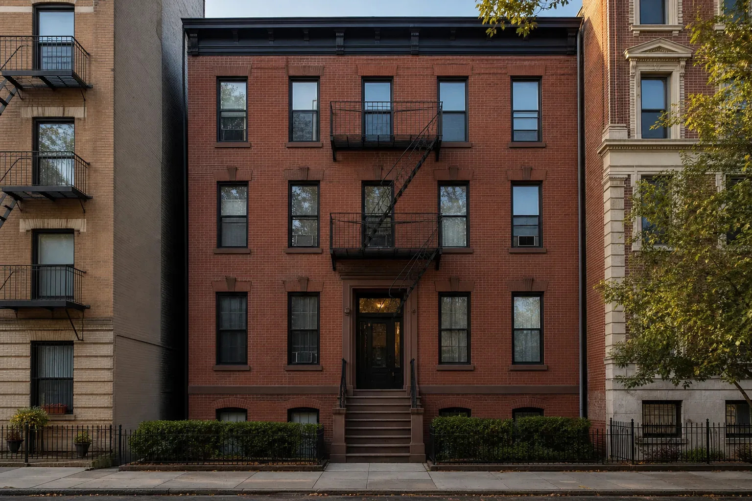A four-storey brick walk-up multi-family building exterior in morning light