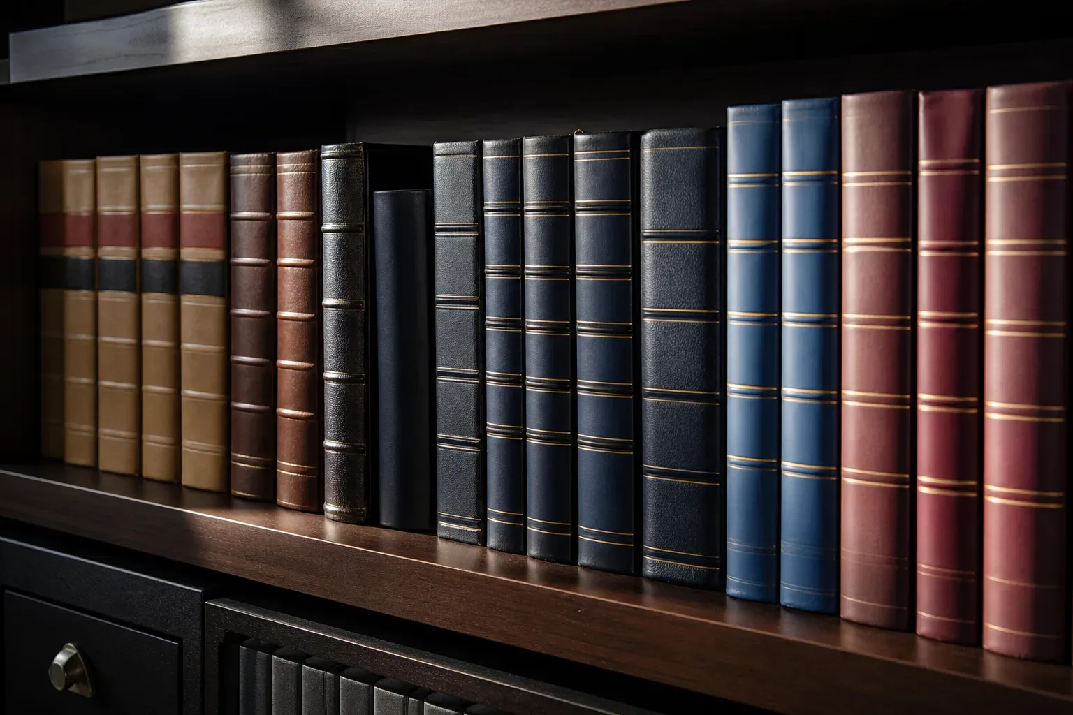 A row of law reports and reference volumes standing on a shelf