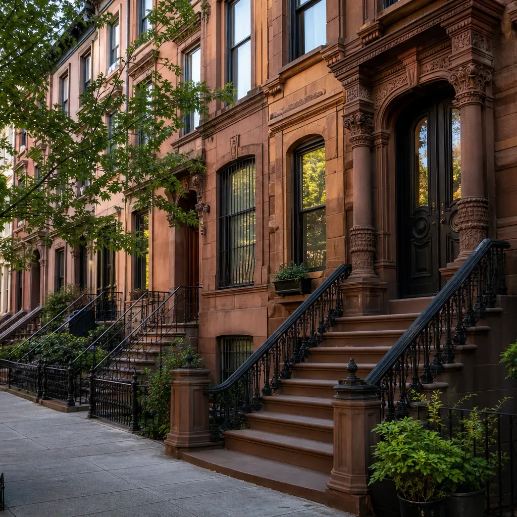 Brownstone rowhouse facade in late afternoon light