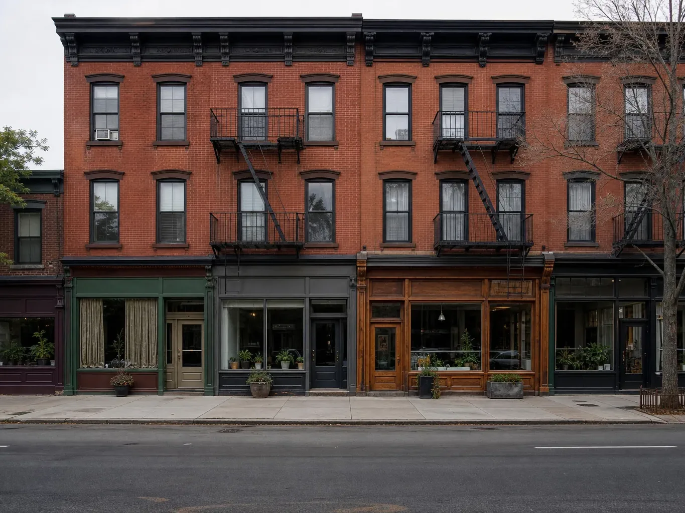 A row of small commercial storefronts at street level beneath a brick residential upper floor